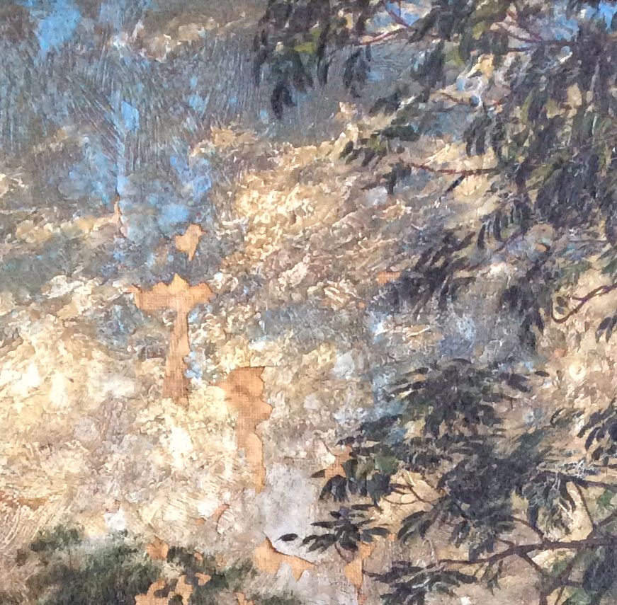 Close-up of Cecil Round's painting, "A Devon Lane", showing a typical example of how restoration is now urgently required.